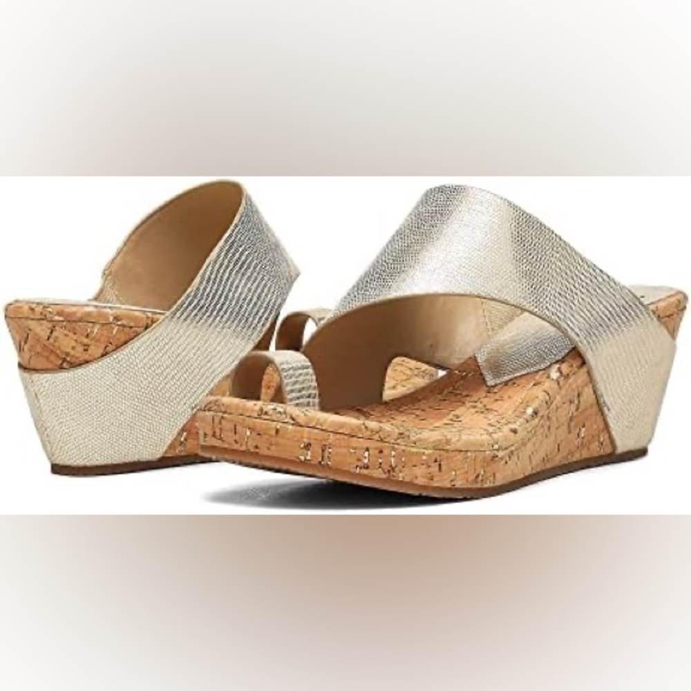 New Donald J. Pliner gold Gyer Wedge Cork Summer metallic heel Sandals comfy